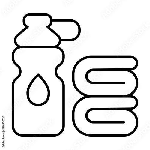 Water bottle and clean towel thin line icon, athlete diet food concept. Vector graphics. Bottle and fresh towels pair sign on white background, style icon mobile or web design.