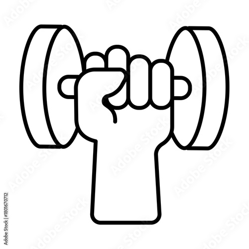 Dumbbell in hand thin line icon, body building concept. Vector graphics. Hand with small dumbbell, sport training sign on white background, style icon mobile or web design.
