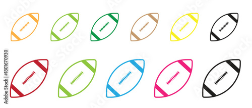 Colorful vector American football ball icons set, graphic illustration symbol collection with outline shapes, isolated sports design elements for business and signs.