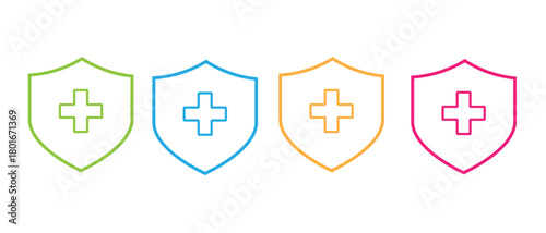 Vector shield icons with medical , clean line shape design illustration set, isolated protection element collection for business and safety signs
