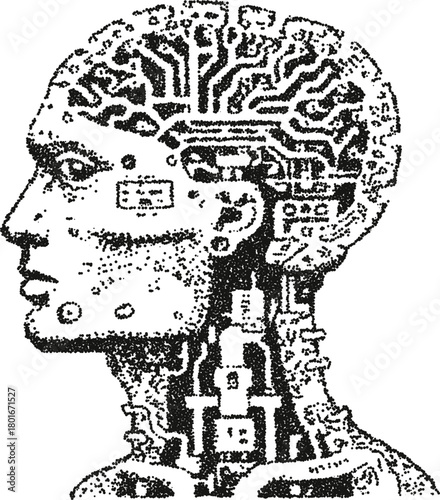 Futuristic human head in profile showing a brain made of electronic circuits. A concept for artificial intelligence, cyborgs, or bio-technology in stipple vector.
