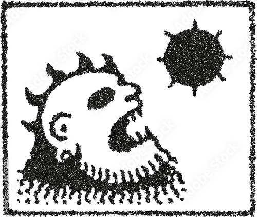 Primitive cave painting of a shaman or deity shouting at the sun. Ancient rock art drawing inside a rough frame, created with stipple vector texture.
