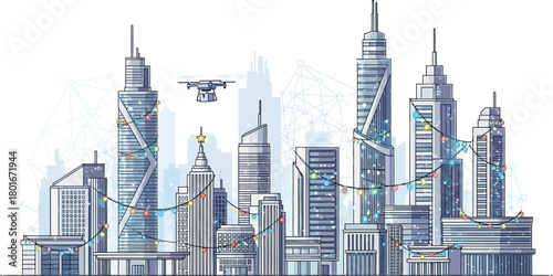 Modern cityscape with drone and network connections