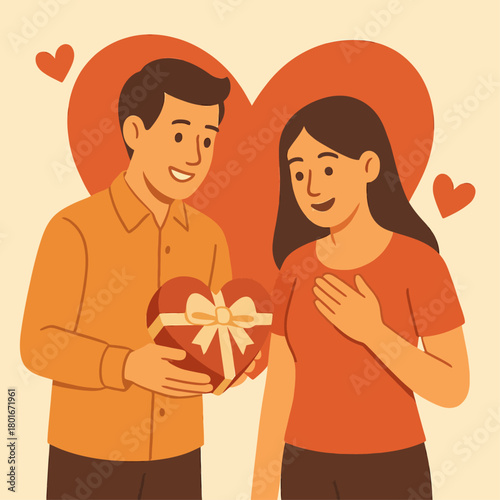 Trendy Vector Illustration of a Man Giving a Heart-Shaped Gift Box to a Woman, Valentine's Day Themes and Patterns