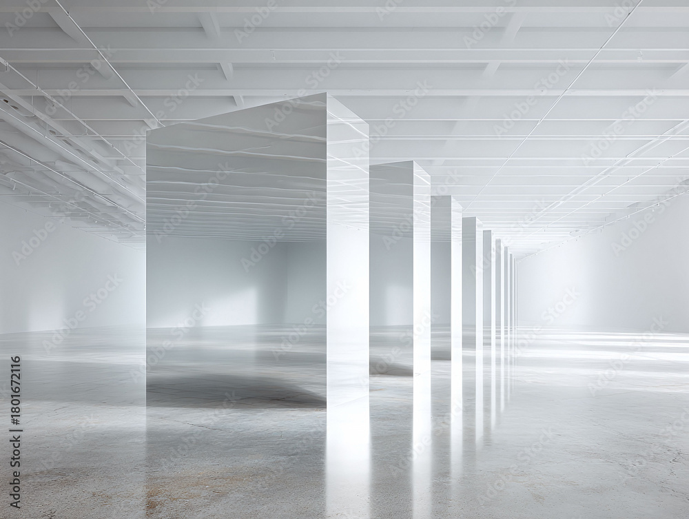 Fototapeta premium Minimalist architectural space with stark white walls and geometric glass dividers creating depth. Evokes clarity, modernity, and futuristic themes. Ideal for backgrounds.