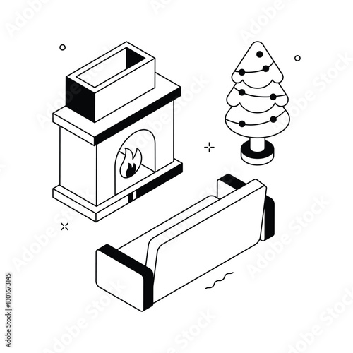 Holiday fireplace with festive decorations and gifts, modern isometric illustration