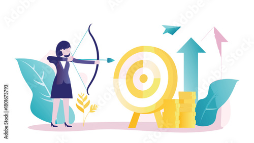 Businesswoman with bow and arrow aiming at financial target representing strategy success and investment goals in business