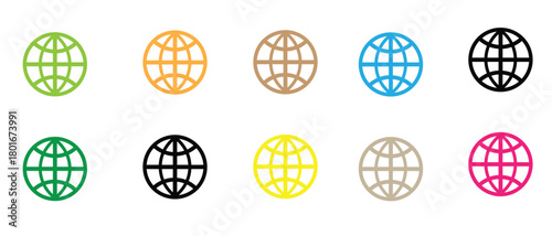 Vector globe icons set, world map symbol collection, global network graphic design elements, internet earth illustration, modern web icon pack isolated.