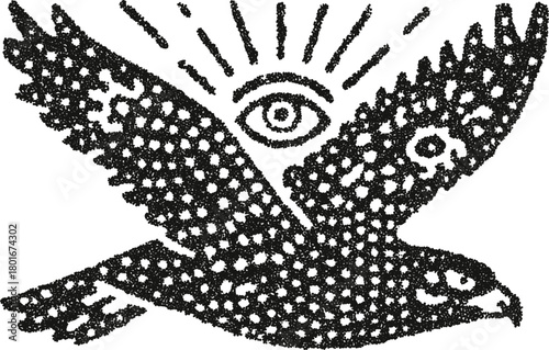 Mystical flying hawk with a shining all-seeing eye symbol above it. An esoteric or spiritual bird illustration in a black and white stipple vector style.
