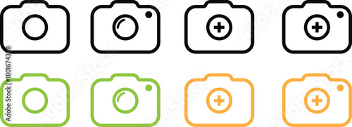 “Camera Icon Set, Vector Line Art Photography Symbols, Minimal Outline Shapes, Digital Camera Elements, Modern Graphic Design Collection for Media and UI