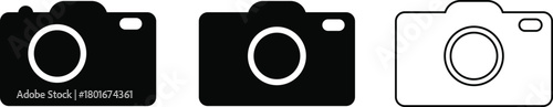 Vector camera icon set with simple shapes, graphic design elements, photography symbols, isolated collection of digital camera illustrations for business and creative use.