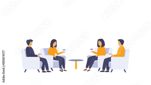 Modern casual business meeting in a stylish lounge with people discussing ideas over coffee featuring a relaxed office atmosphere and collaborative teamwork