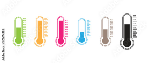 Colorful thermometer vector set illustration showing temperature levels and climate indicators, isolated graphic elements for weather, medical, and business design.