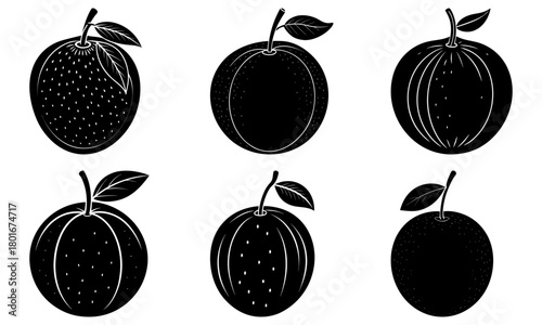 Six stylized black and white plums with leaves arranged in two rows of three on a white background