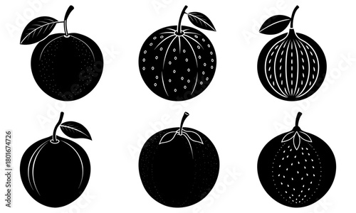 Illustration of six plums in black and white showing different plum designs and a plum cut in half