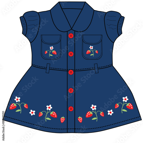 baby girls denim frocks flower with cheery print illustrations.eps