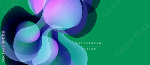 Abstract flowing shapes, vibrant colors, green backdrop. Modern design elements create dynamic visual impact. Smooth gradients present depth.