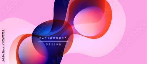 Abstract fluid shapes overlap, creating vibrant color gradients. Pink background complements blue, red hues. Modern design element.