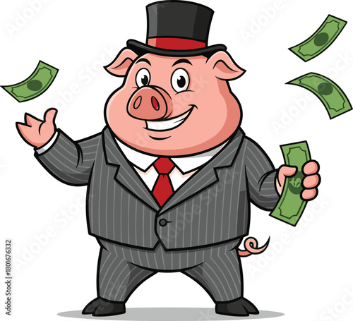 Cartoon pig businessman in suit with top hat holding dollar bills, wealthy greedy character vector illustration for finance money stock design