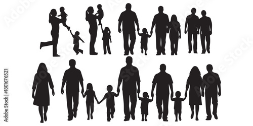 Family silhouettes, Happy family silhouette set, Family group silhouettes, parents and children illustration, happy family vector, people together, bonding, love, unity, social connection, black desig