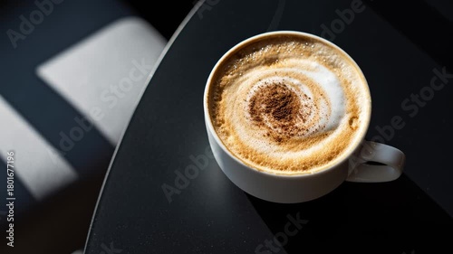 Cappuccino coffee cup spinning with swirling foam