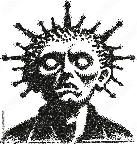 Horror-inspired character with pins in his head, resembling a cenobite or a tortured soul. A dark and spooky portrait illustration in a stipple vector style.
