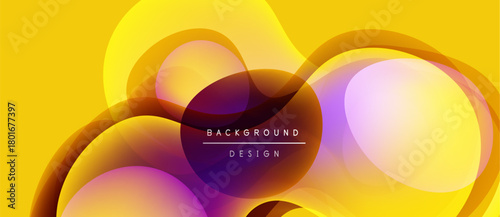 Abstract yellow background features overlapping translucent circles. Gradient colors blend from orange to purple. Text reads background design.