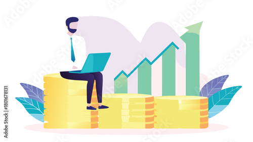 A determined entrepreneur sits atop a large stack of gold coins actively using a laptop symbolizing financial success and business growth