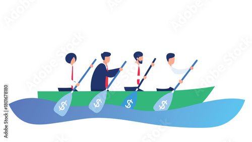 Diverse team of entrepreneurs rowing a boat together across a financial ocean symbolizing teamwork and shared success in business ventures