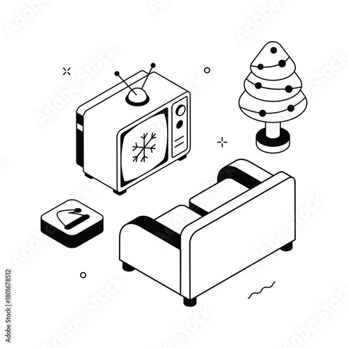 Cozy living room scene watching Christmas movies, isometric illustration