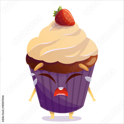 Vector illustration of a crying cake. Cake, character, vector, crying, tears, upset, grief