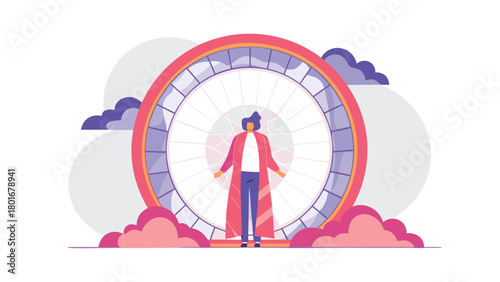 Epic digital illustration of a solitary figure embracing a monumental abstract form evoking themes of connection discovery and awe in a vibrant colorful landscape