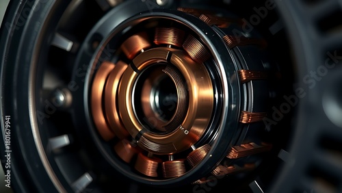 Wallpaper Mural segments. Copper segments and brushes inside an electric motor, detailed engineering view. product launch decks, UI/UX mockups, designed for product launches and innovation pitches. Torontodigital.ca