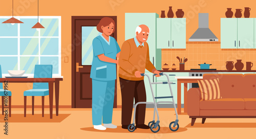 Supportive Care Nurse Assisting Elderly Man with Walker at Home