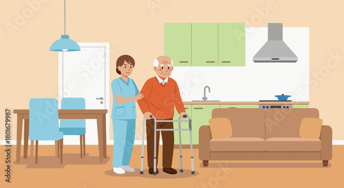 Young female caregiver providing support to a senior man with a walker, illustrating home healthcare and assisted living services for the elderly