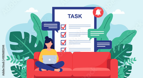 Organized Woman Working on Laptop on Sofa with Task List and Notifications, Achieving Productivity and Efficiency in a Relaxed Home Environment