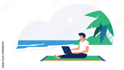 A person working remotely on a laptop with a serene natural landscape in the background conveying a sense of freedom and productivity