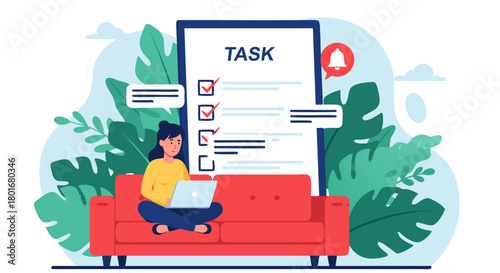 Woman on a couch with laptop completing a task list a modern illustration of productivity and organization