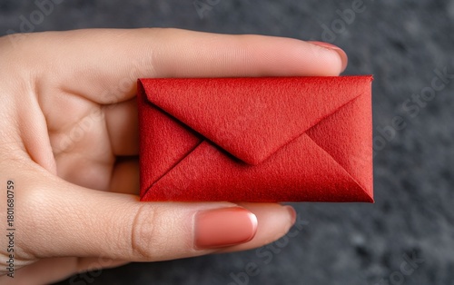 Small red envelope held in hands with manicured nails against dark background