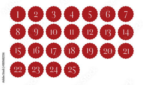 Advent calendar numbers 1 to 25 in red scalloped circle tags, countdown design for Christmas, flat vector