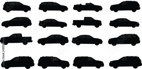 Car silhouettes bundle, black auto vector, SUV illustration, pickup truck icons, sedan clipart, convertible design, vehicle transport graphic set, automobile art