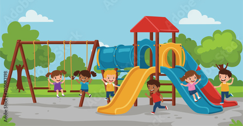 Cartoon playground scene with children playing on slides and swings, outdoor activity, fun park environment, cheerful childhood vector illustration