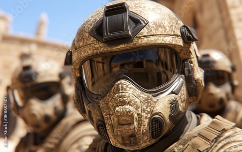 Close up of modern tactical helmet with protective mask in desert environment, military gear concept