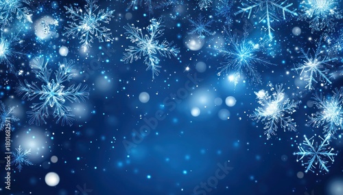Sparkling blue winter background with intricate glowing snowflakes and shimmering bokeh lights, creating a magical festive holiday atmosphere.