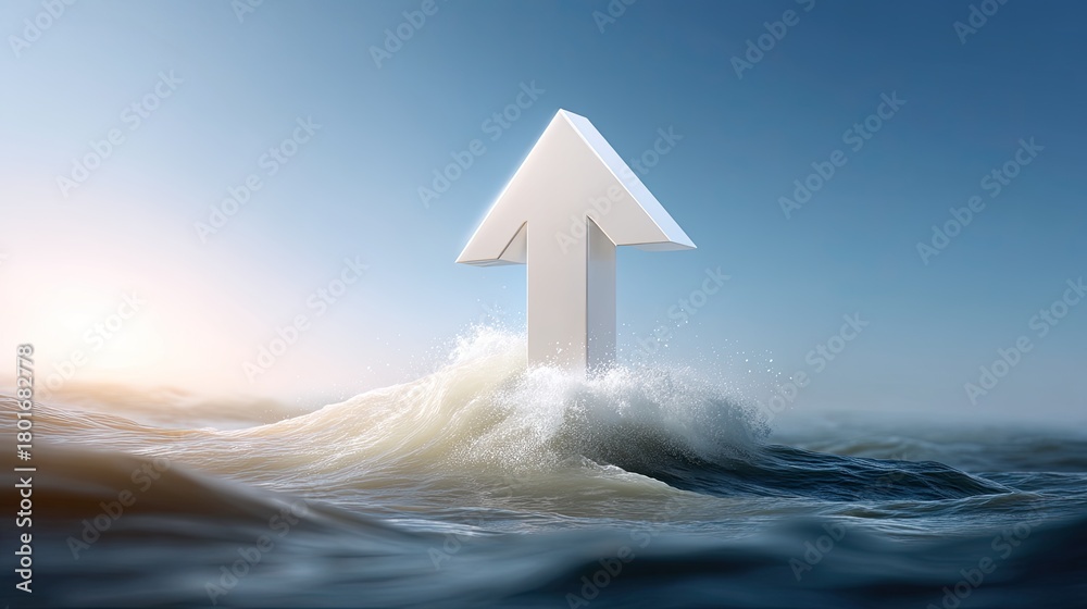 Fototapeta premium White upward arrow emerging from ocean waves symbolizing growth, progress, success, and overcoming challenges against a clear sky background