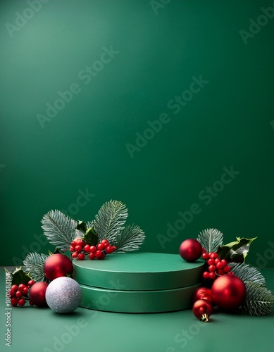 Empty green podiums on green background with silver and red ball decorations and holly branches with red berries. Christmas concept