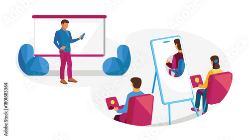 Isometric illustration of a business coach providing guidance and support to a client symbolizing growth strategy and professional development in a modern clean visual style