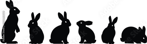 Rabbit silhouettes vector set, bunny poses illustration, domestic animal artwork, black outline design, cute hare shapes for Easter decoration