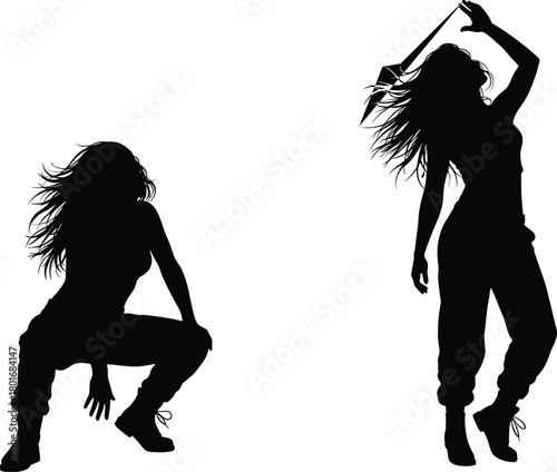 Silhouette of dancing woman, hip hop pose, urban dance movement, modern choreography, freestyle dancer, street performance, energetic style, nightlife expression
