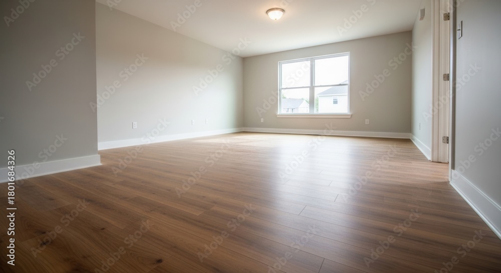 Obraz premium A spacious empty room featuring a wooden floor and large window. Ideal for showcasing interior design or real estate.